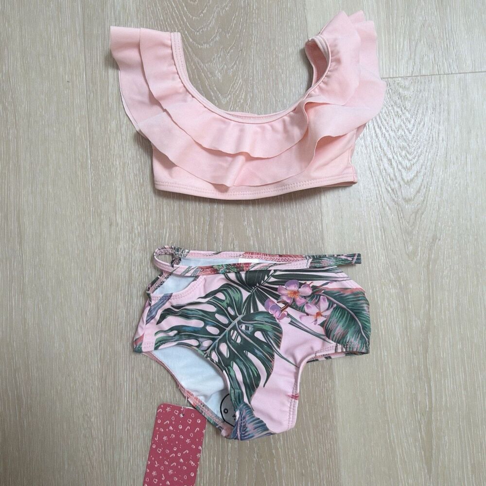NWT Tropical Matching Twinning Swimsuit Bikini Pink Palm Leaf Toddler 2y